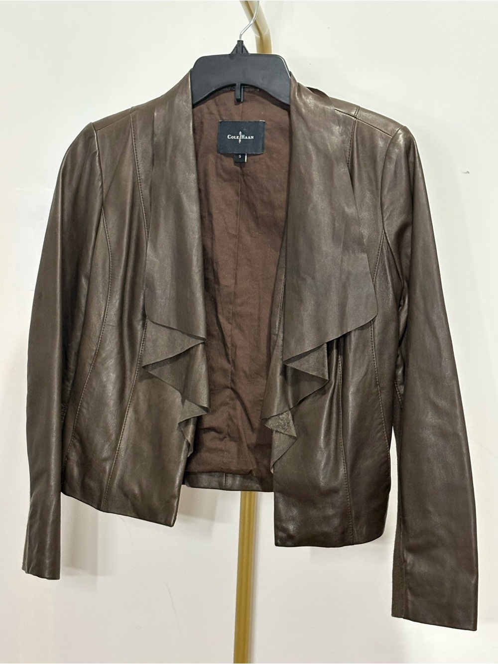 Cole Haan Chocolate Brown Leather Draped Open-Front Jacket